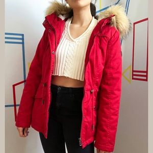 ONLY Red Jacket with Faux Fur Trim